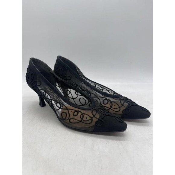Stuart Weitzman Black Italian Leather Laced & Embroidered Kitten Heel Pumps 8.5 - Picture 3 of 4